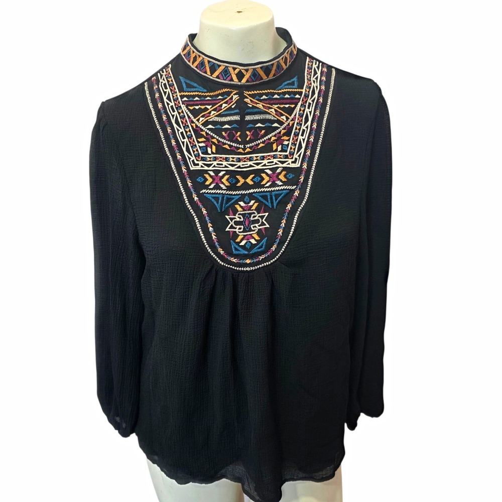Rockin C Blouse M Black Embroidered Western Boho Mock Neck Peasant Top